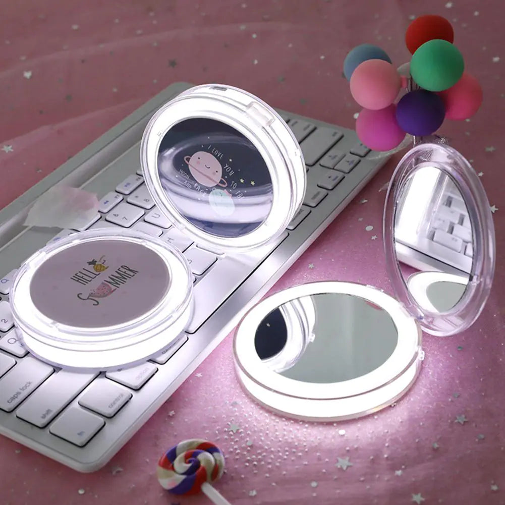 Mini Round Makeup Mirror with LED Light (Portable)